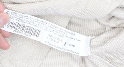 Stradivarius Women Beige Collared Ribbed Cropped Long Sleeve Top S