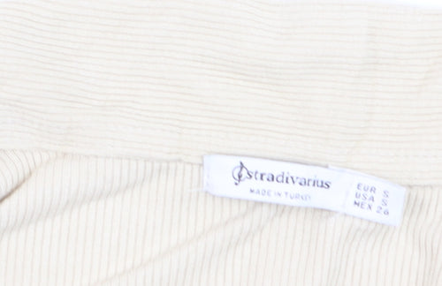 Stradivarius Women Beige Collared Ribbed Cropped Long Sleeve Top S