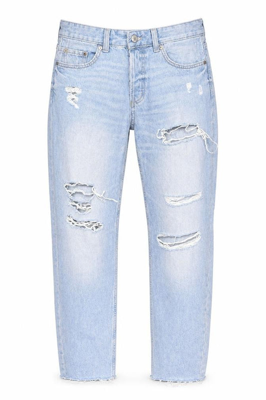 Front view of &Denim Women Blue, size 6, Boyfriend Distressed Jeans