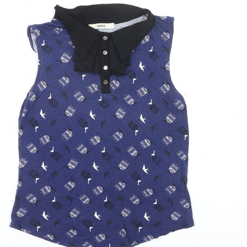 Oasis Women's Blue Bird Print Collared Sleeveless Blouse Size S