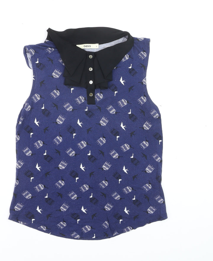 Oasis Women's Blue Bird Print Collared Sleeveless Blouse Size S