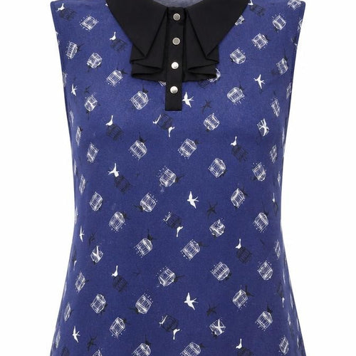 Oasis Women's Blue Bird Print Collared Sleeveless Blouse Size S