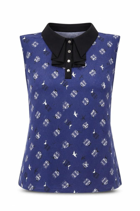 Front view of Oasis Women's Blue Bird Print Collared Sleeveless Blouse, size S