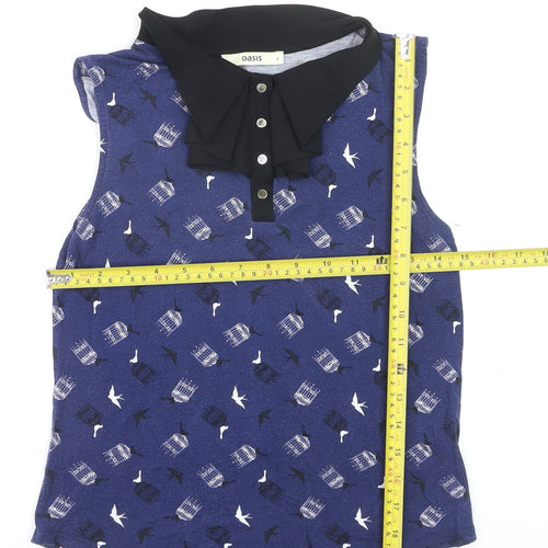 Oasis Women's Blue Bird Print Collared Sleeveless Blouse Size S