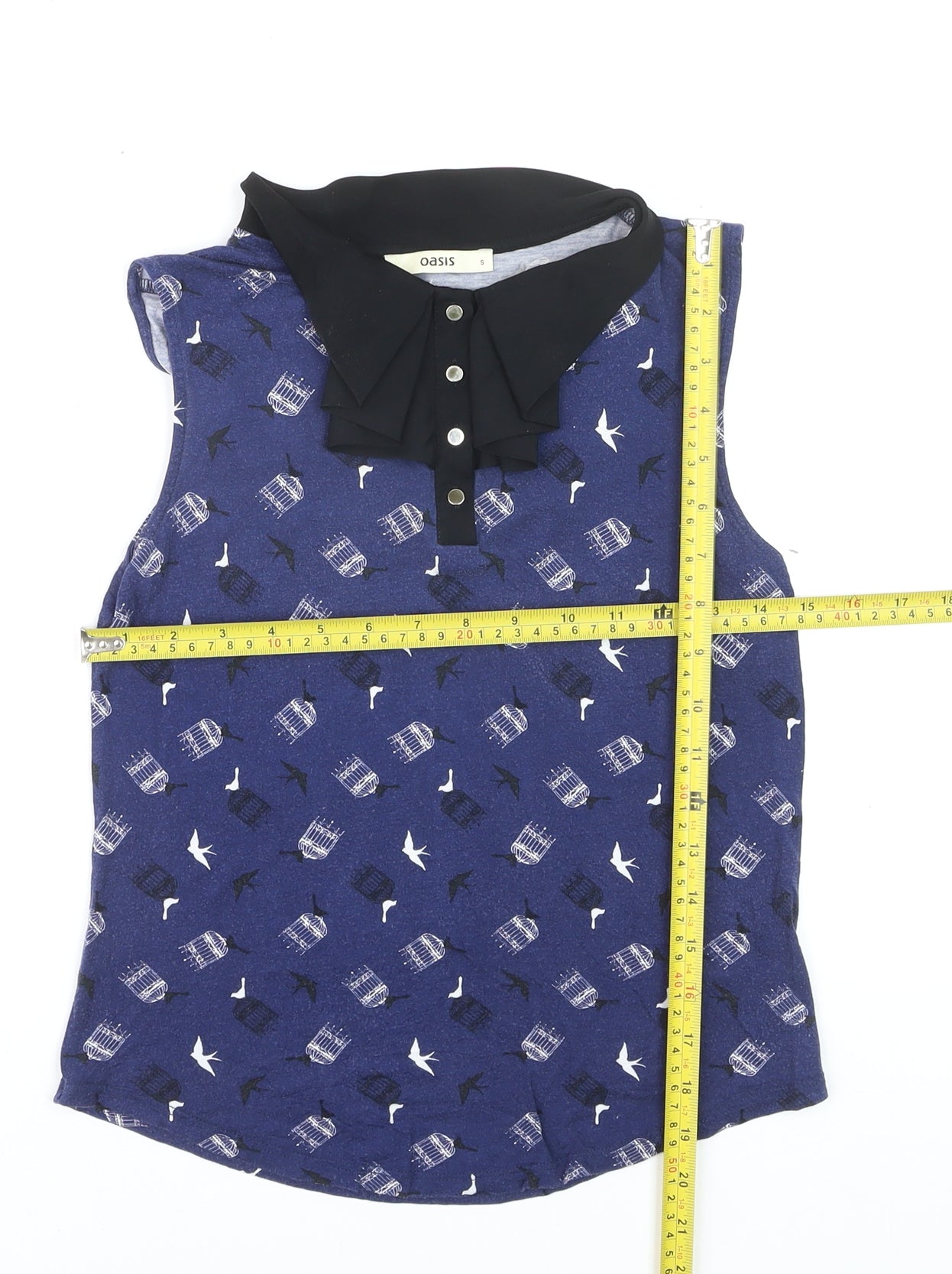 Oasis Women's Blue Bird Print Collared Sleeveless Blouse Size S