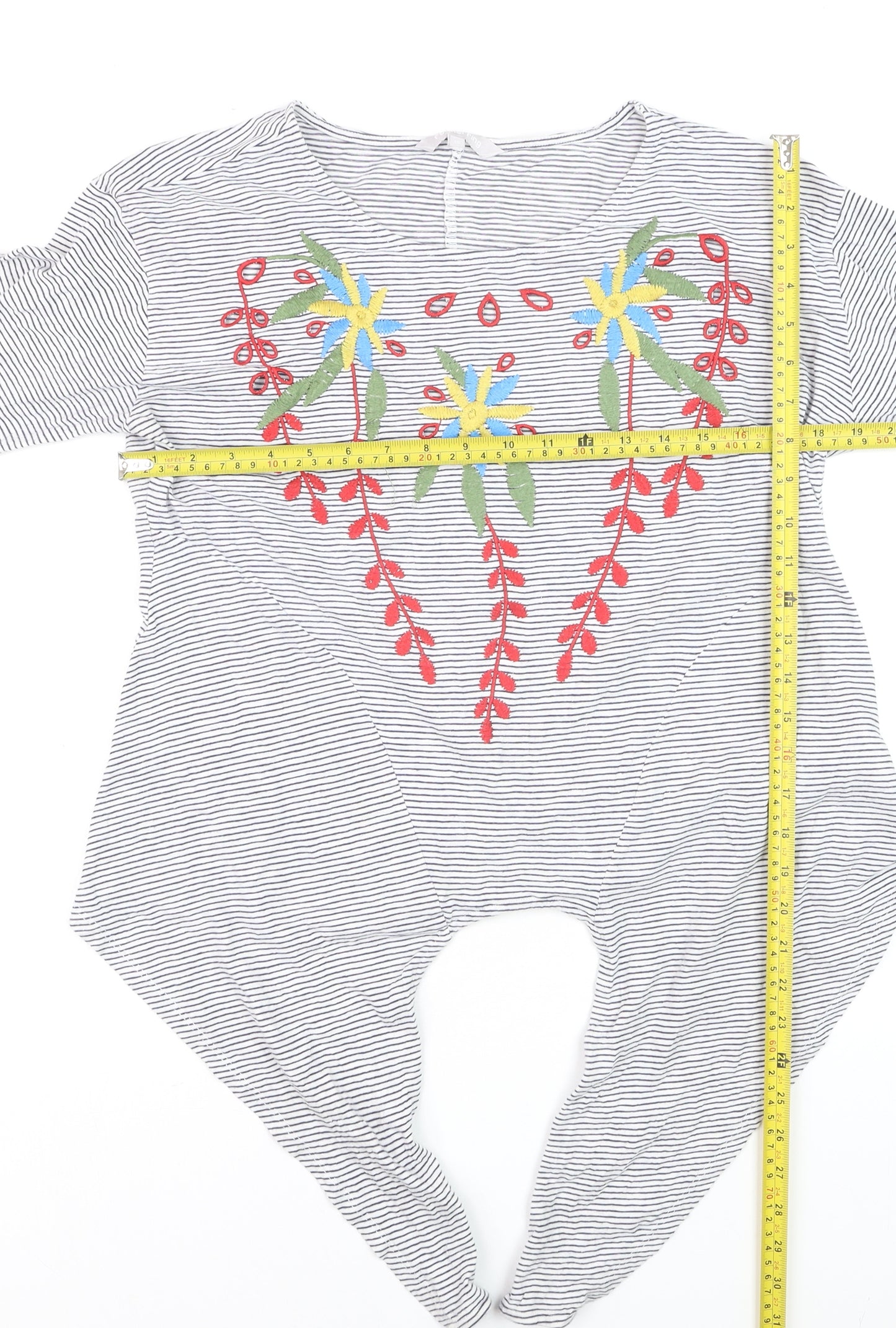 Red Herring Womens White Striped Floral Embroidered Long Sleeve Tunic Blouse Size 16