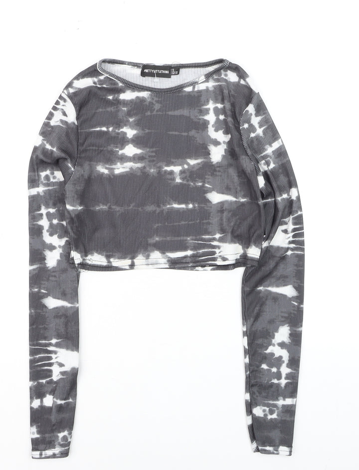 PrettyLittleThing Women’s Grey Tie-Dye Cropped Long Sleeve T-Shirt UK 8