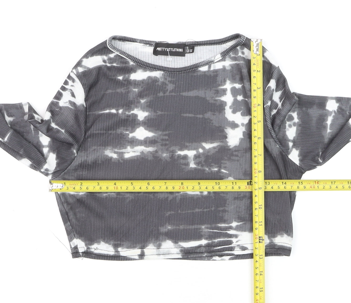 PrettyLittleThing Women’s Grey Tie-Dye Cropped Long Sleeve T-Shirt UK 8