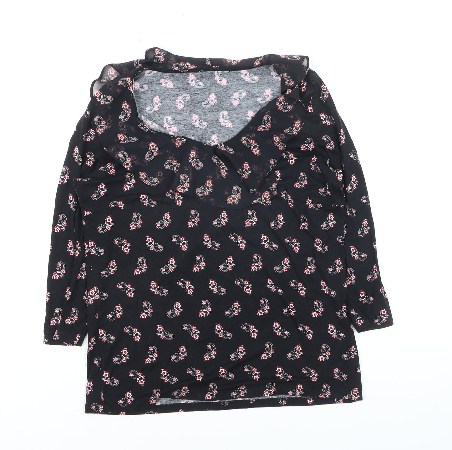 M&Co Women’s Black Paisley Jersey Top Size 12 3/4 Sleeve Scoop Neck