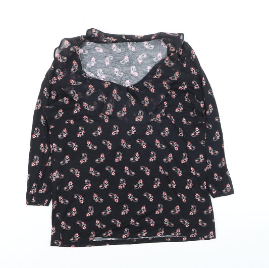 M&Co Women’s Black Paisley Jersey Top Size 12 3/4 Sleeve Scoop Neck