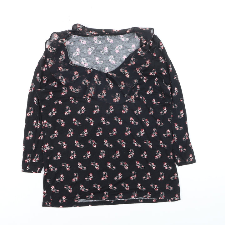 M&Co Women’s Black Paisley Jersey Top Size 12 3/4 Sleeve Scoop Neck
