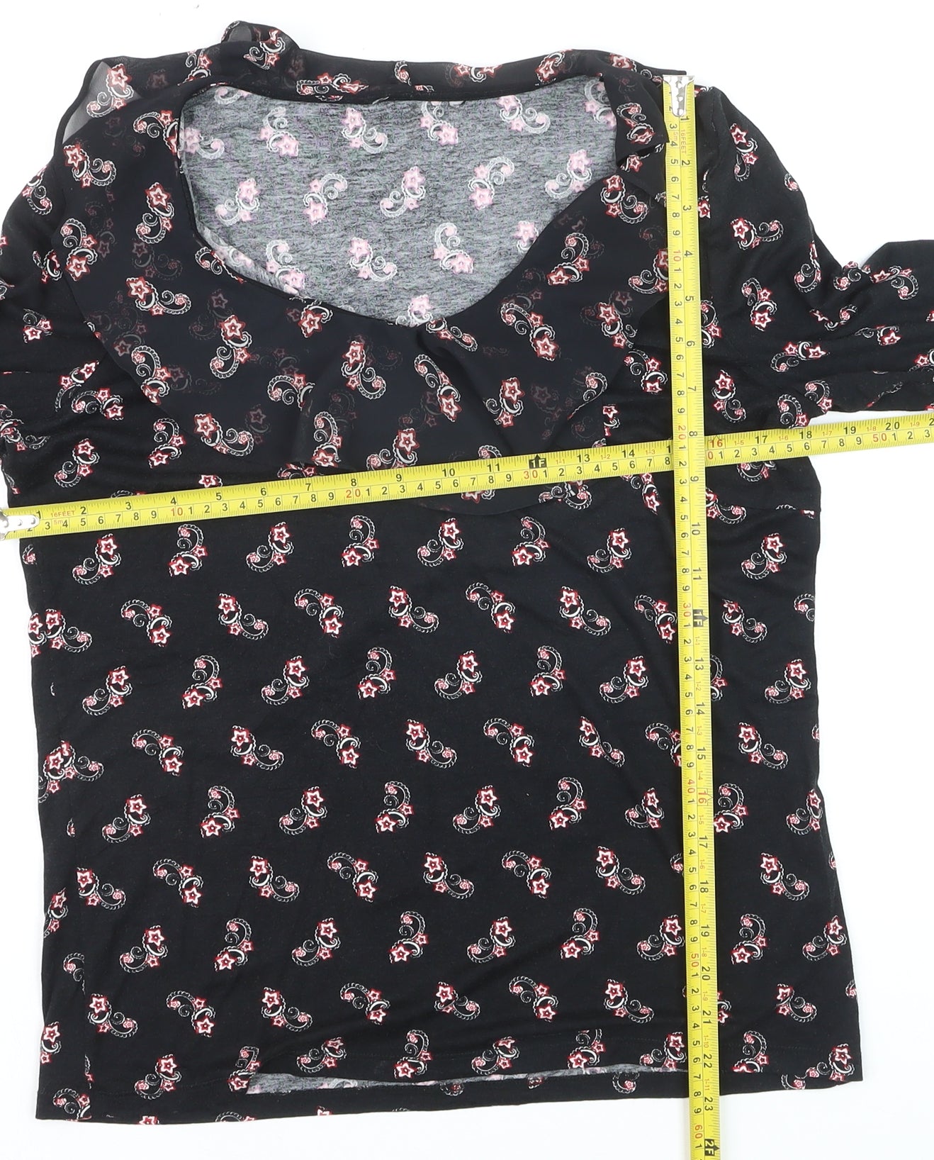 M&Co Women’s Black Paisley Jersey Top Size 12 3/4 Sleeve Scoop Neck