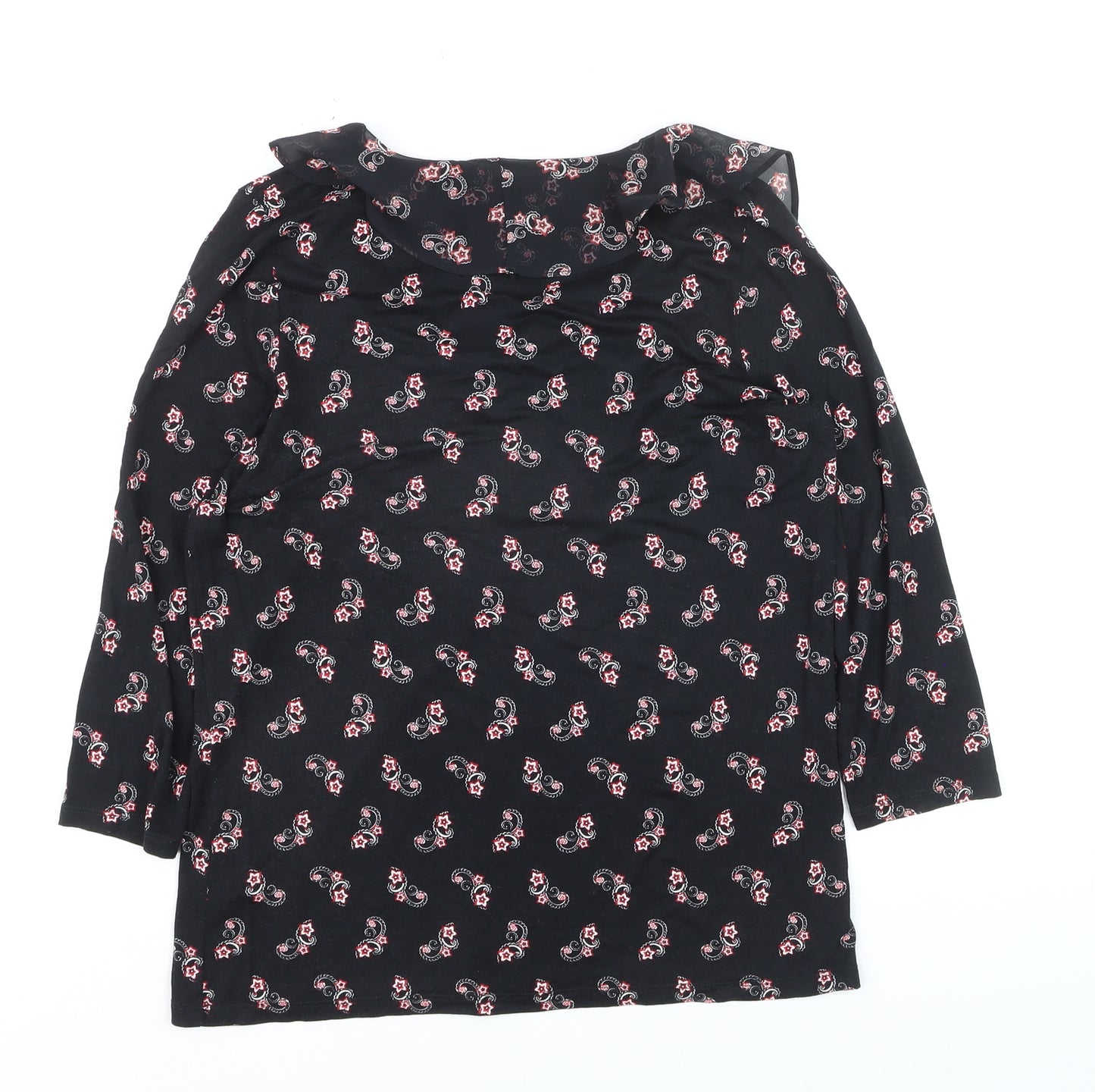 M&Co Women’s Black Paisley Jersey Top Size 12 3/4 Sleeve Scoop Neck