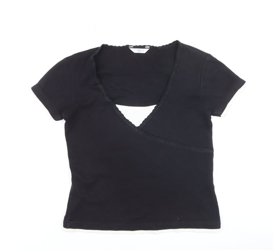 New Look Women’s Black Wrap V-Neck Short Sleeve Cotton T-Shirt Size 14