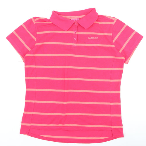 LA Gear Womens Pink Striped Polo Shirt Size 16 Short Sleeve