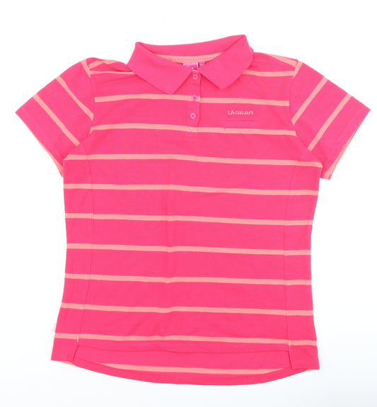 LA Gear Womens Pink Striped Polo Shirt Size 16 Short Sleeve