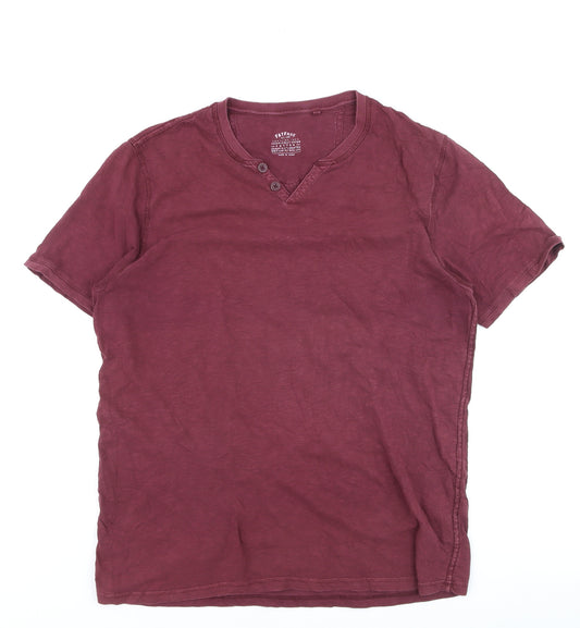 FatFace Men Red Henley Short Sleeve Cotton T-Shirt Size L