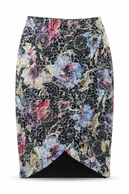 Front view of Michele Hope Women’s Multicoloured Floral Knee Length Wrap Skirt, size UK 10/12