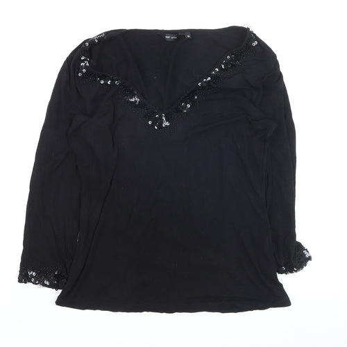 Marks and Spencer Per Una Black Beaded V-Neck Long Sleeve Tunic Blouse Size 10
