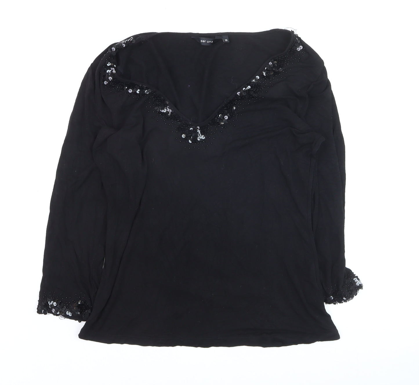 Marks and Spencer Per Una Black Beaded V-Neck Long Sleeve Tunic Blouse Size 10