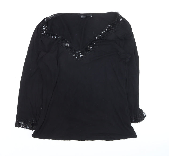 Marks and Spencer Per Una Black Beaded V-Neck Long Sleeve Tunic Blouse Size 10