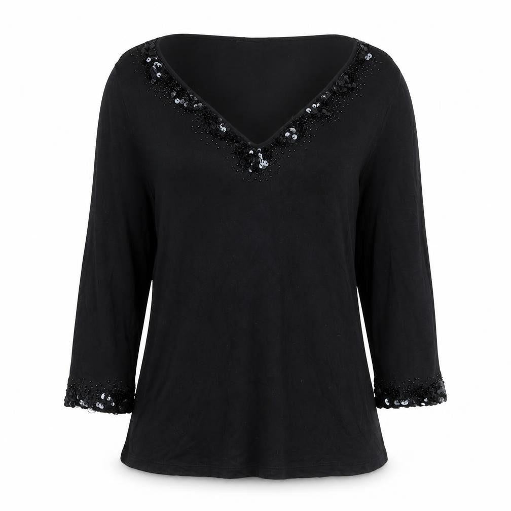 Front view of Marks & Spencer Per Una Black Beaded V-Neck Long Sleeve Tunic Blouse, size 10