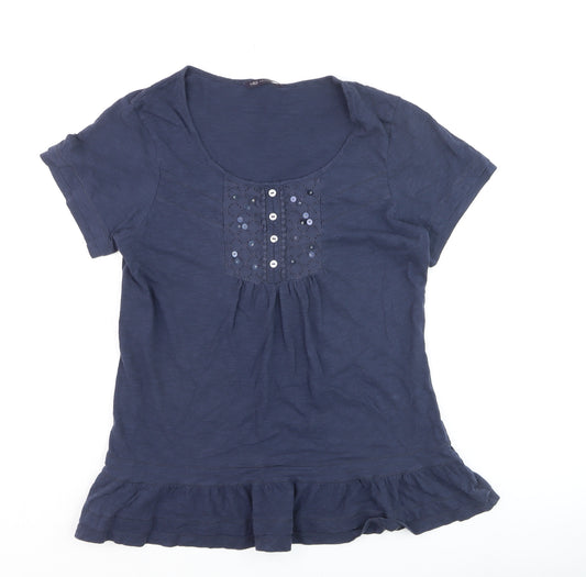 Marks and Spencer Women's Blue Cotton Short Sleeve Embroidered T-Shirt Size 12