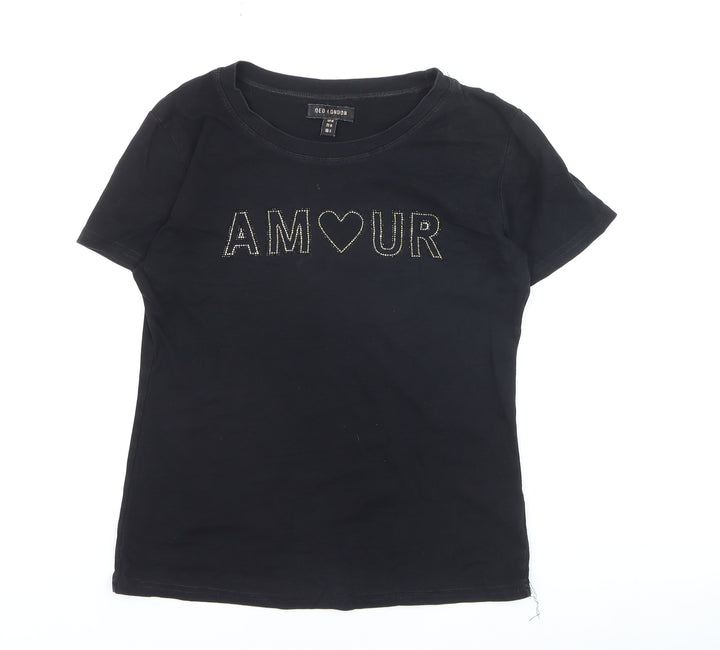 QED London Womens Black Beaded AMOUR Short Sleeve Cotton T-Shirt M