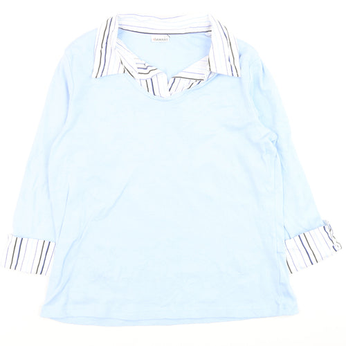 Damart Women Blue Striped Collar Cotton 3/4 Sleeve Button-Up Top Size 14/16