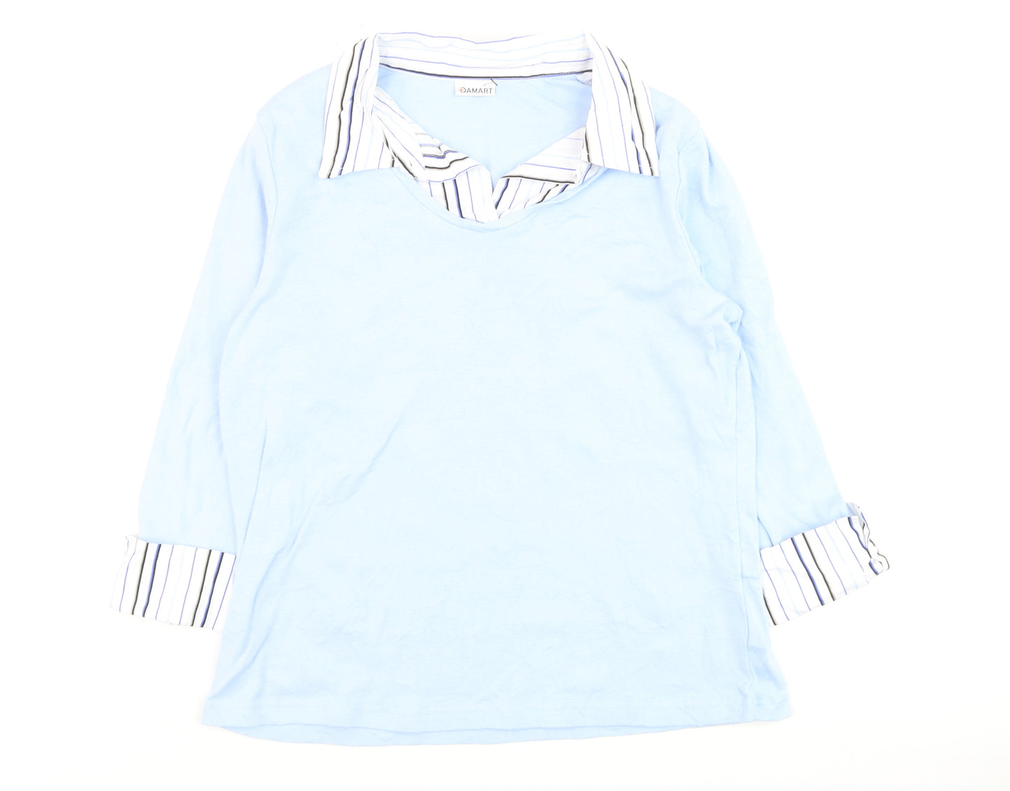 Damart Women Blue Striped Collar Cotton 3/4 Sleeve Button-Up Top Size 14/16