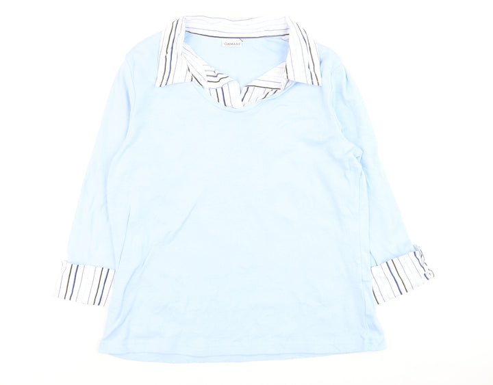 Damart Women Blue Striped Collar Cotton 3/4 Sleeve Button-Up Top Size 14/16