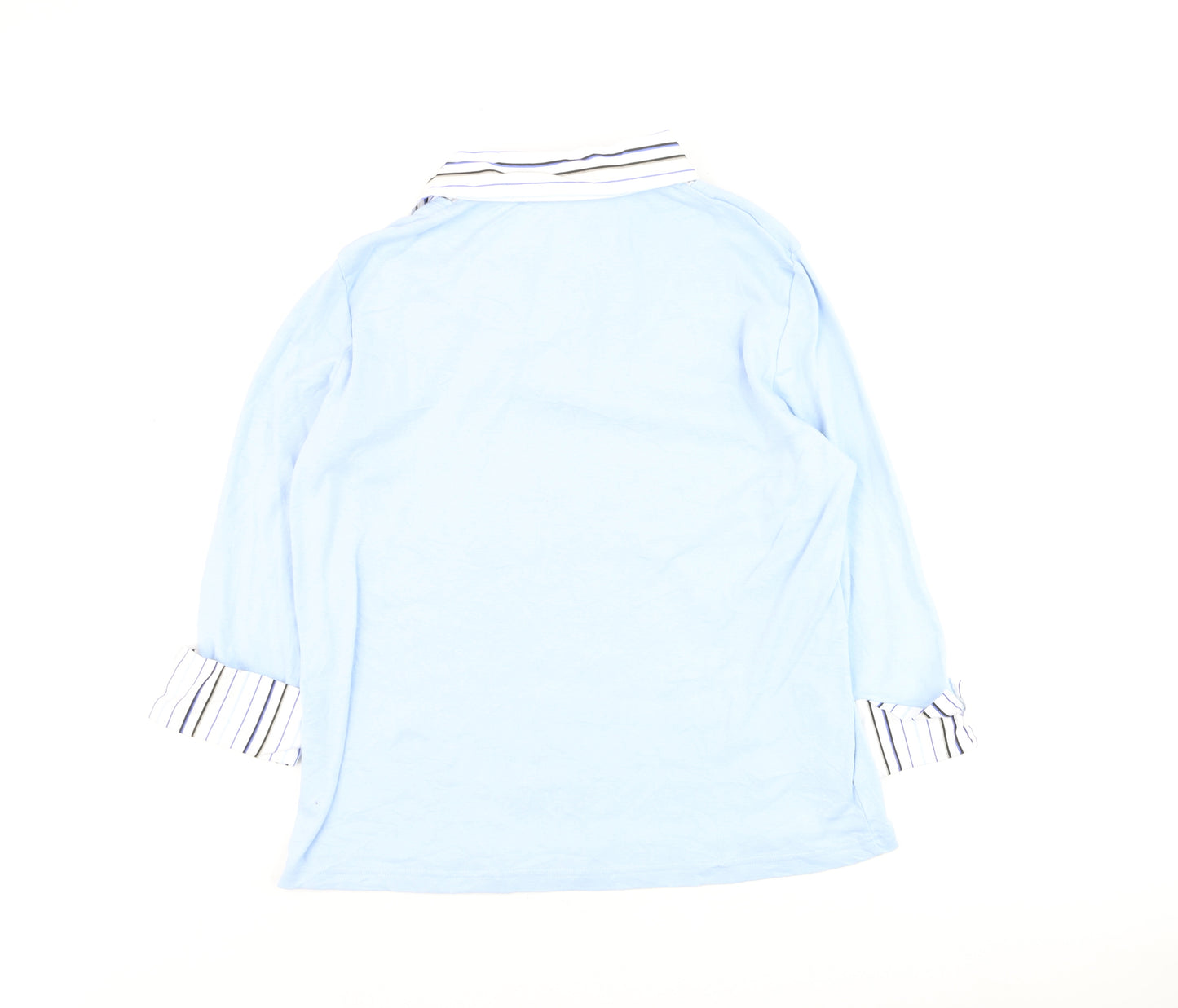 Damart Women Blue Striped Collar Cotton 3/4 Sleeve Button-Up Top Size 14/16