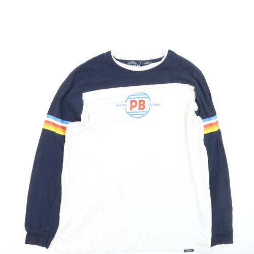 Pull & Bear Men's White Navy Retro Long Sleeve Cotton Top L