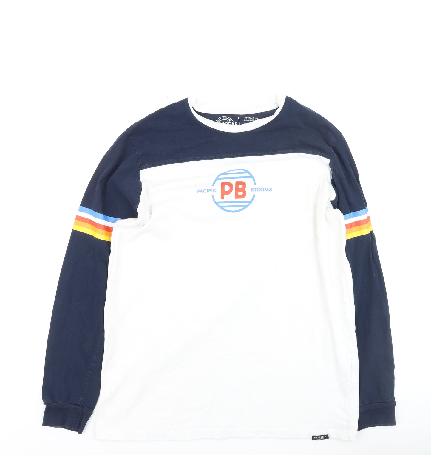 Pull & Bear Men's White Navy Retro Long Sleeve Cotton Top L