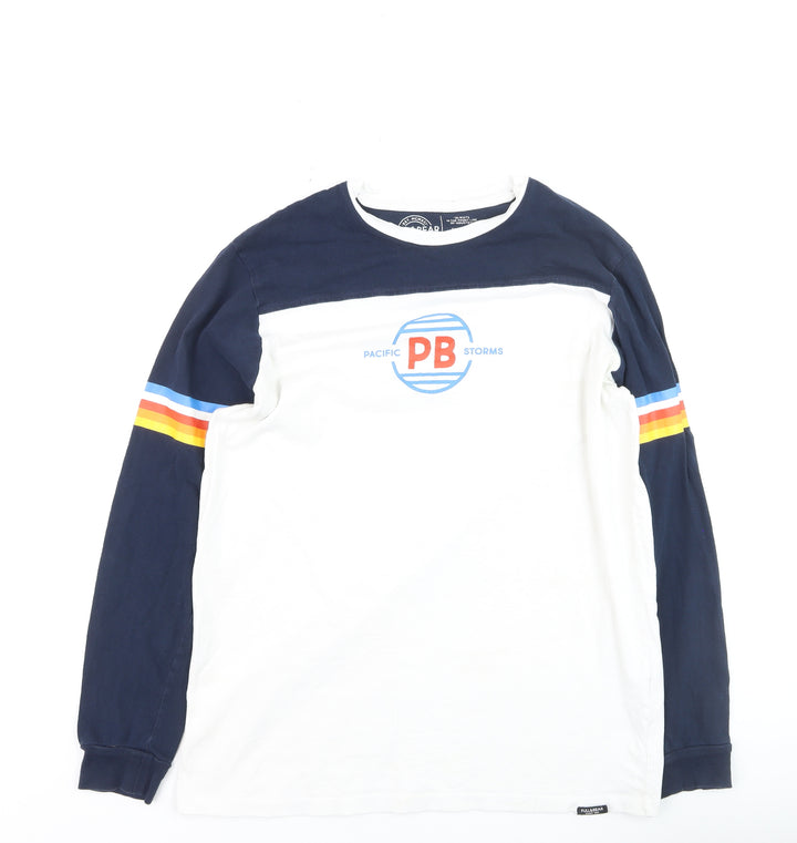 Pull & Bear Men's White Navy Retro Long Sleeve Cotton Top L