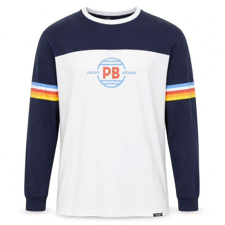 Pull&Bear Men's White Navy Retro Long Sleeve Cotton Top L