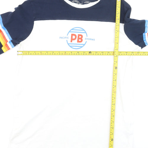 Pull & Bear Men's White Navy Retro Long Sleeve Cotton Top L