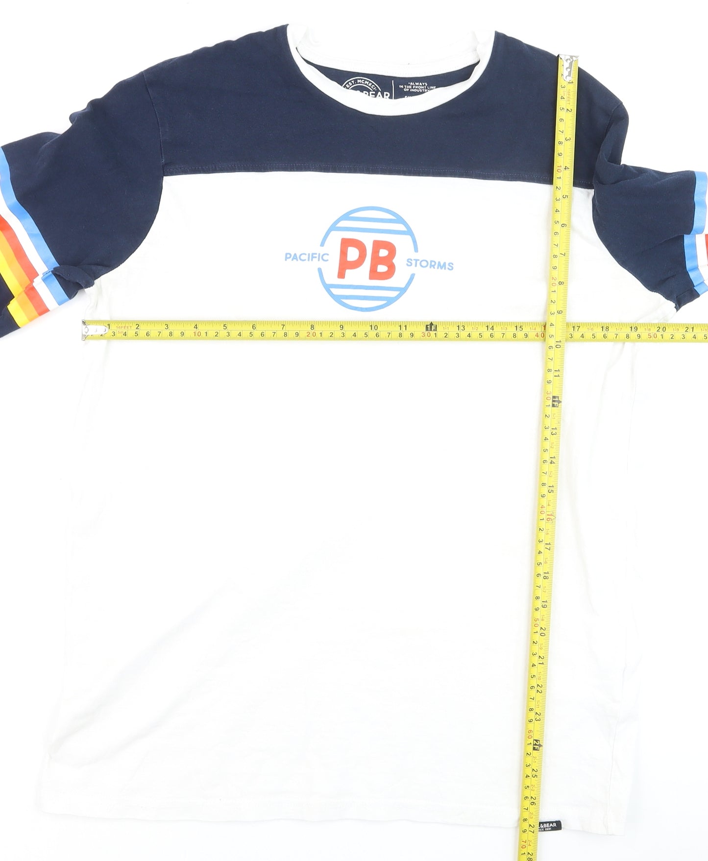 Pull & Bear Men's White Navy Retro Long Sleeve Cotton Top L