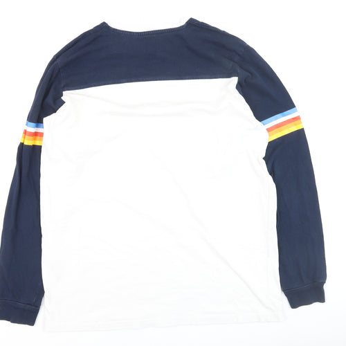 Pull & Bear Men's White Navy Retro Long Sleeve Cotton Top L