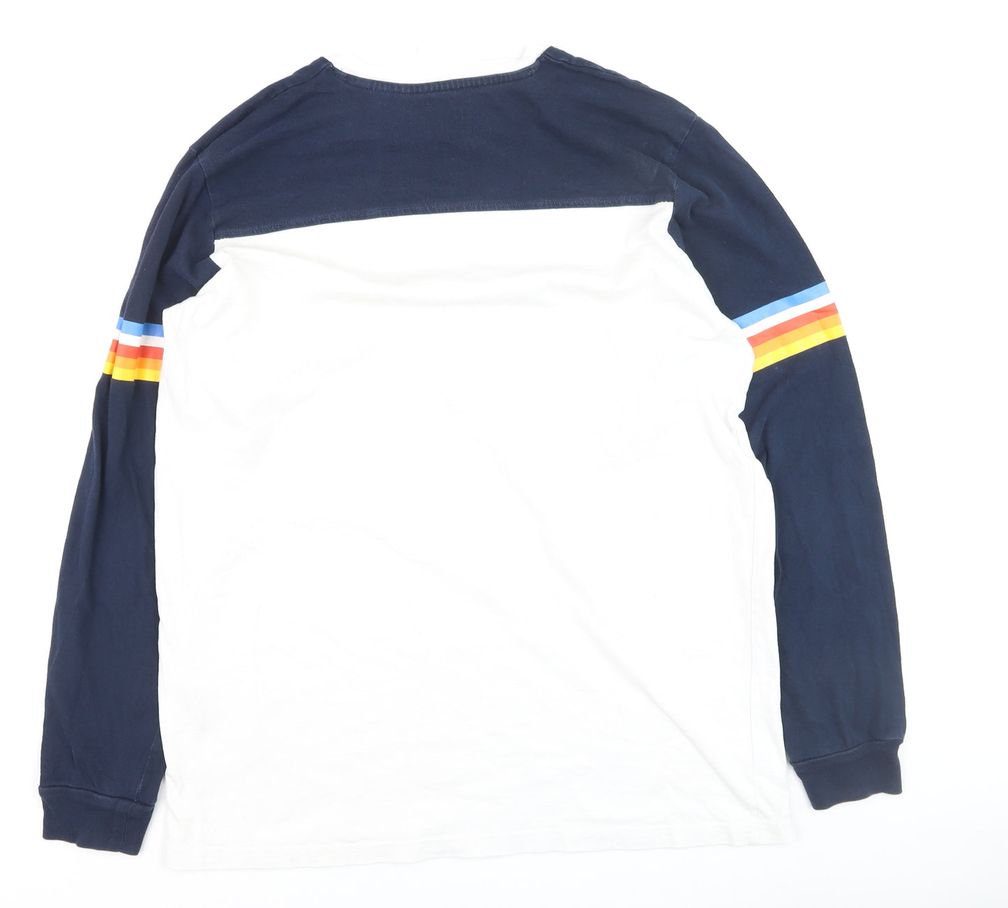 Pull & Bear Men's White Navy Retro Long Sleeve Cotton Top L