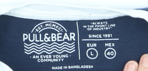 Pull & Bear Men's White Navy Retro Long Sleeve Cotton Top L