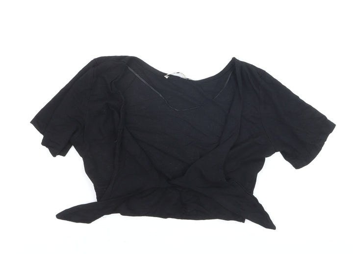 Pull&Bear Women’s Black Wrap Blouse Medium Short Sleeve Jersey Top