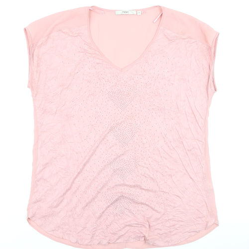 Next Women Pink Beaded Chiffon Blouse Size 16 V-Neck Short Sleeve