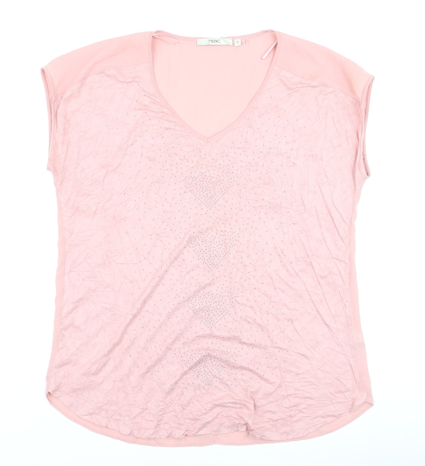 Next Women Pink Beaded Chiffon Blouse Size 16 V-Neck Short Sleeve