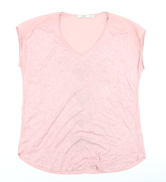 Next Women Pink Beaded Chiffon Blouse Size 16 V-Neck Short Sleeve