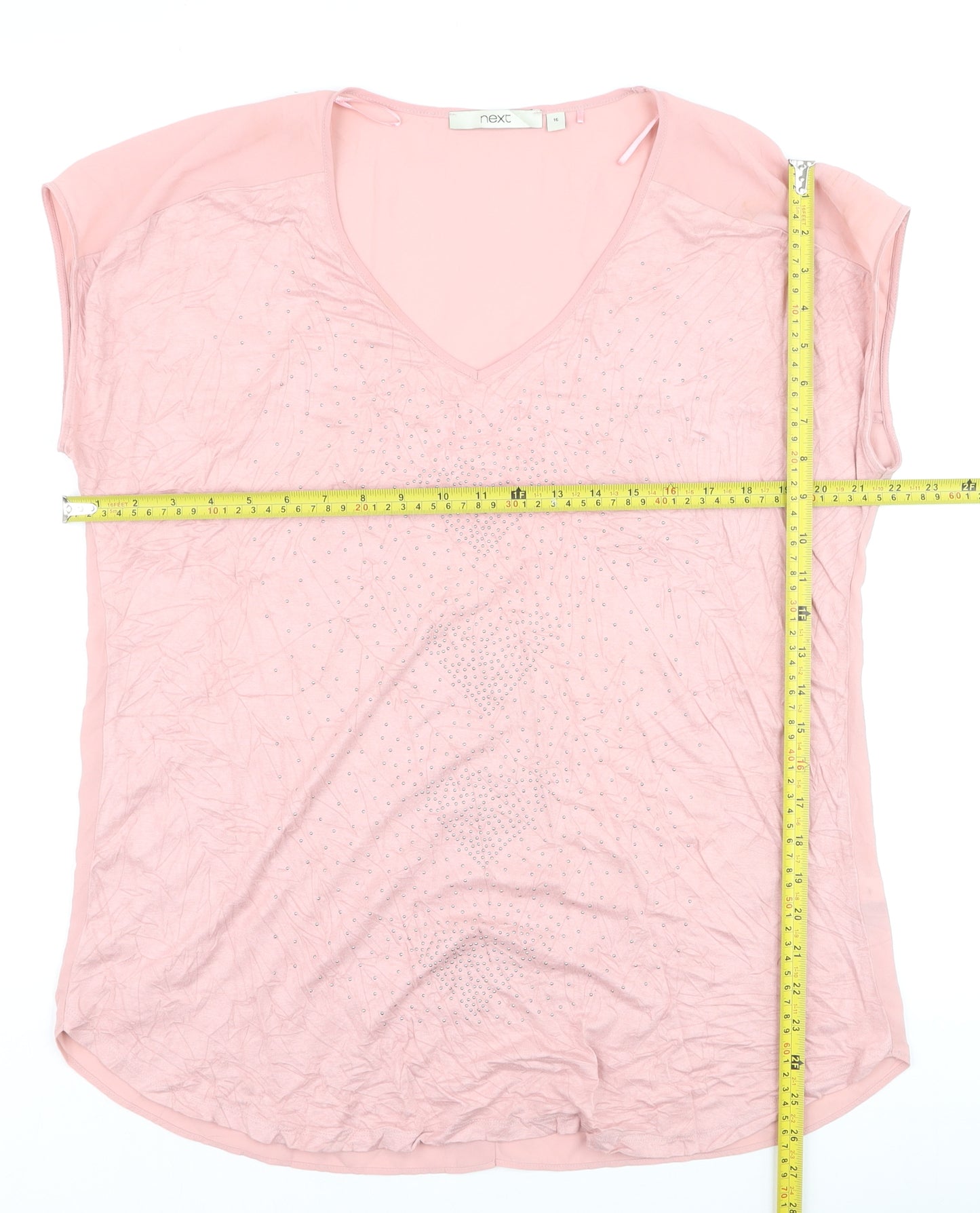 Next Women Pink Beaded Chiffon Blouse Size 16 V-Neck Short Sleeve