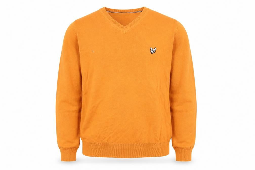 Front view of Lyle & Scott men’s orange v-neck cotton knit pullover sweatshirt m