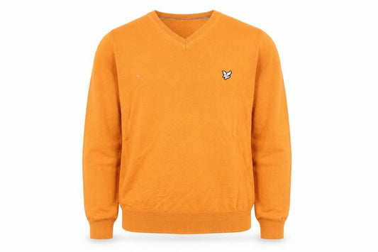 Front view of Lyle & Scott men’s orange v-neck cotton knit pullover sweatshirt m