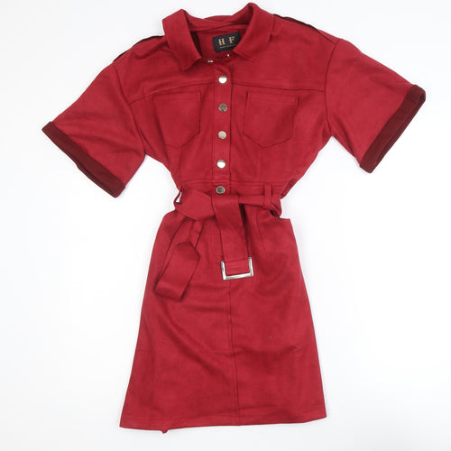 H.F Women Red Knee Length Shirt Dress Size L Belted Collared Workwear