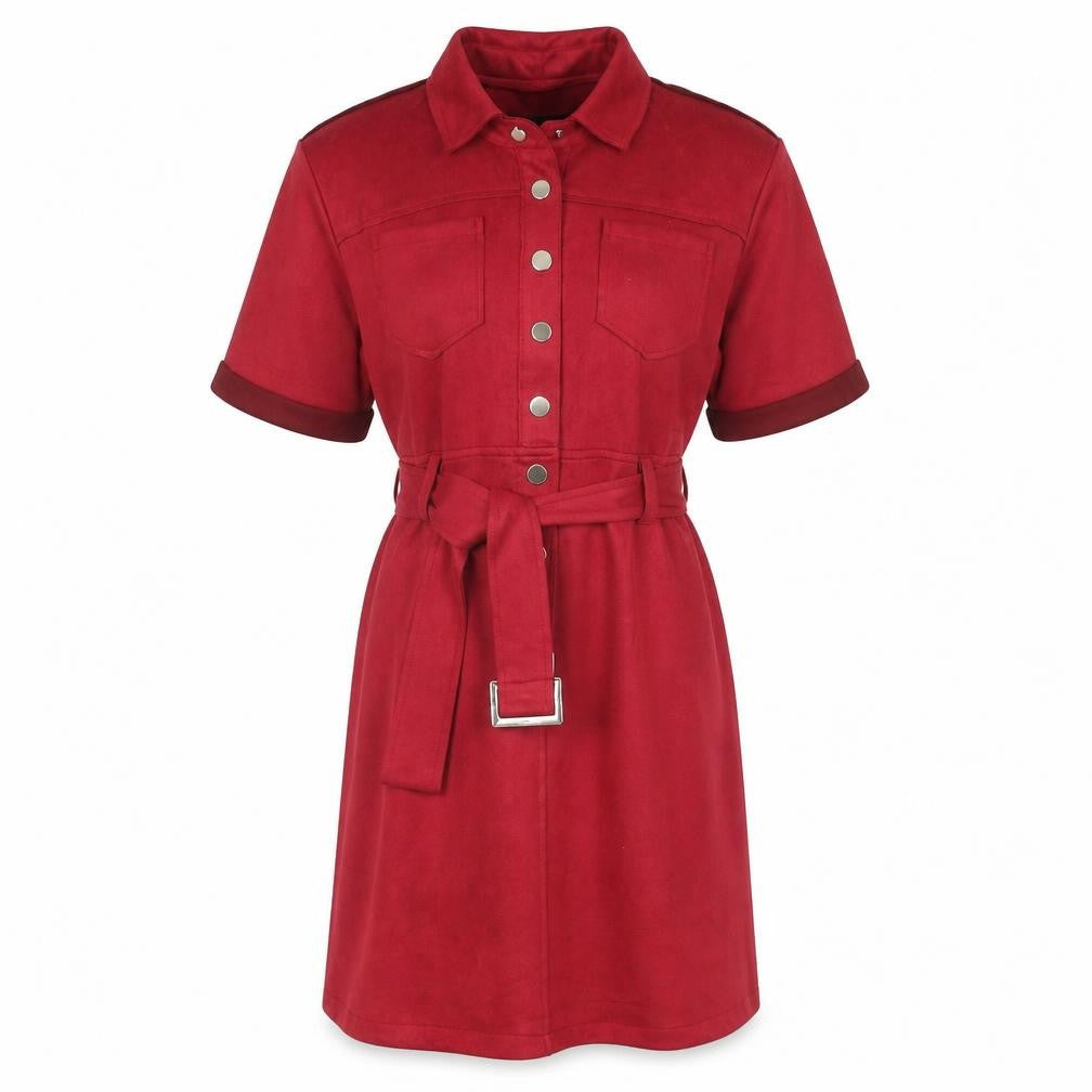 H.F Women Red Knee Length Shirt Dress Size L Belted Collared Workwear